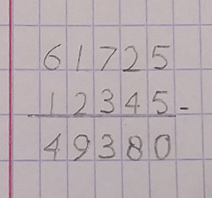 rekenschrift met ruitjes en aftreksom, cijfers in de hokjes met voldoende witruimte