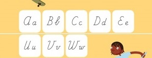 Een fragment van een letterkaart van schrijfmethode Pennenstreken, met daarop de letters b, v en w.