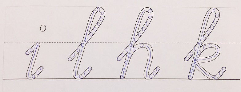 op- en neeranalyse van de letters i, l, h en k