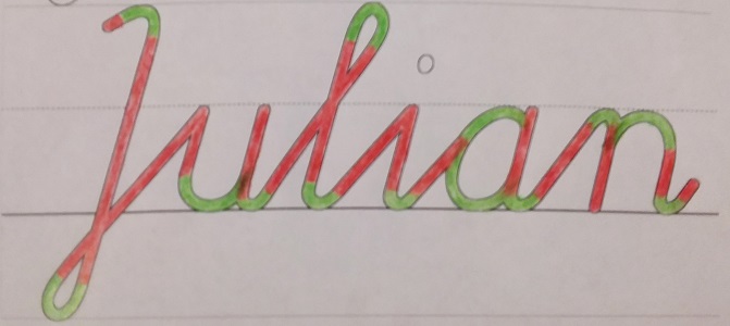 Het woord 'Julian'; rechte delen ingekleurd met rood, gebogen delen ingekleurd met groen