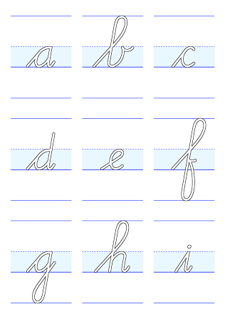 9 letters met aanhalen vanaf de grondlijn: a, b, c, d, e, f, g, h, i; in outline; met de rompzone gekleurd