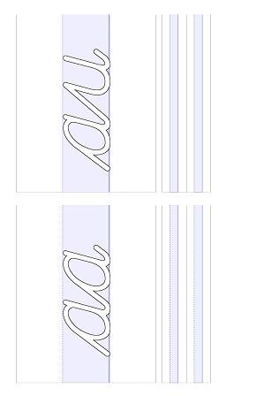 2 lettercombinaties met aanhalen vanaf de grondlijn: aa, au; met de rompzone gekleurd; onder elke letter een lege regel liniatuur