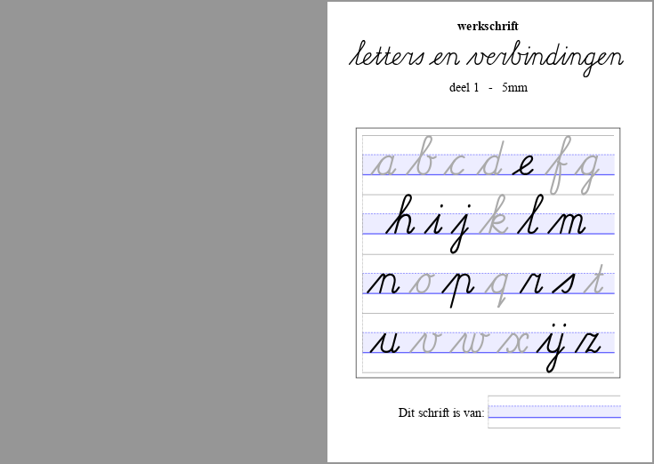 voorkant van het werkboekje Letters en verbindingen deel 1: letterkaart waarop aangegeven is welke letters in dit deel aangeleerd worden