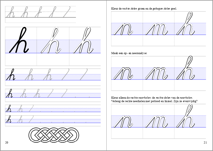pagina 20 en 21 uit het werkboekje Letters en verbindingen deel 1: letter h en analyse van rechte neerhalen bij de letters n, m en h