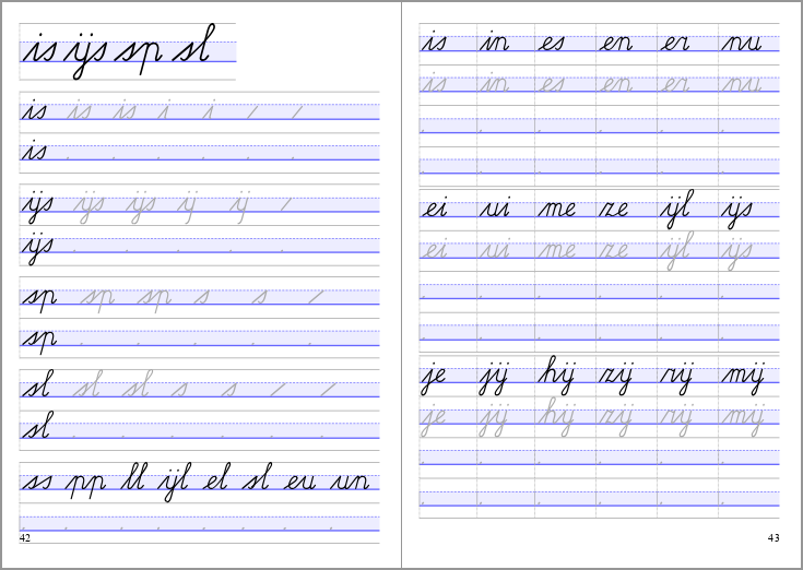 pagina 42 en 43 uit het werkboekje Letters en verbindingen deel 1: oefeningen met patronen en woorden van 2 letters