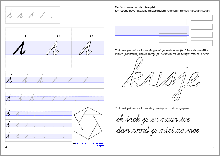 pagina 4 en 5 uit het werkboekje Letters en verbindingen deel 1: letter i en oefening zonebesef