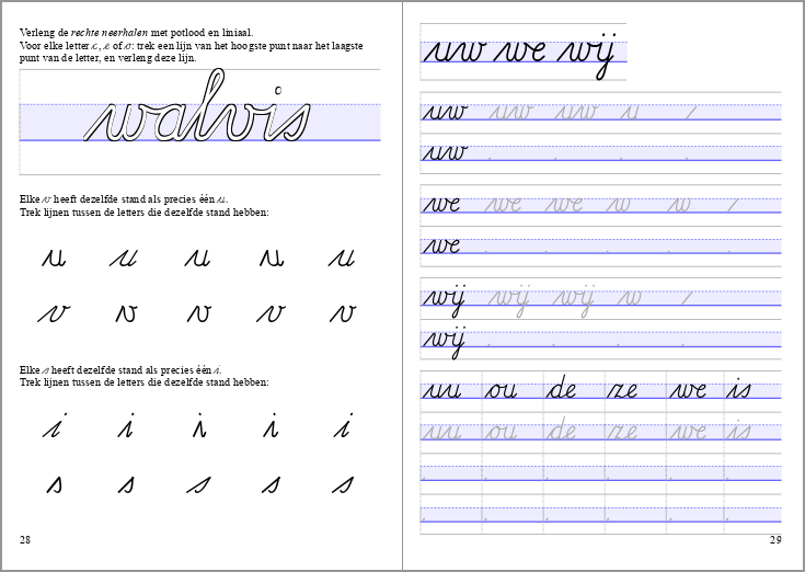 pagina 28 en 29 van het werkboekje Letters en verbindingen deel 2: identificeren rechte neerhalen in w en v, identificeren letters met dezelfde stand, woorden van twee letters zoals uw, we en wij