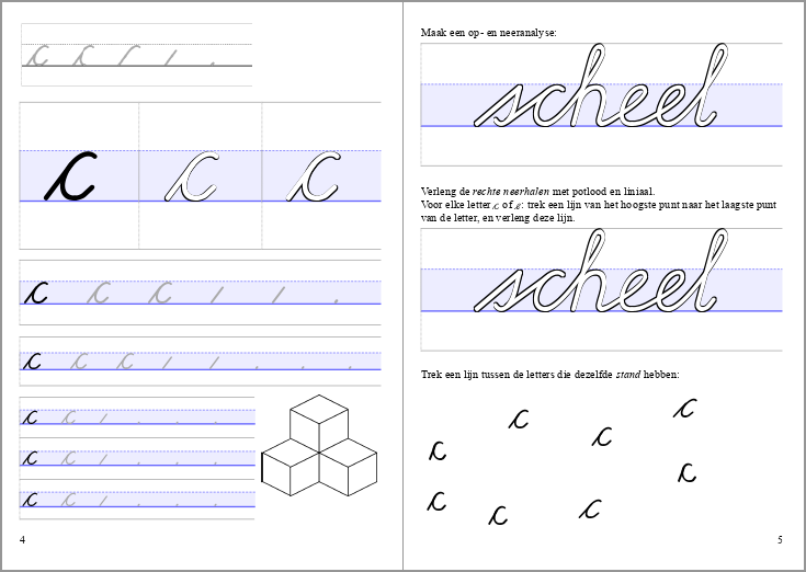 pagina 4 en 5 van het werkboekje Letters en verbindingen deel 2: letter c en oefening met de stand van ellipsen