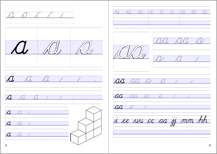 pagina 8 en 9 van het werkboekje Letters en verbindingen deel 2: letter a en dubbele letter aa