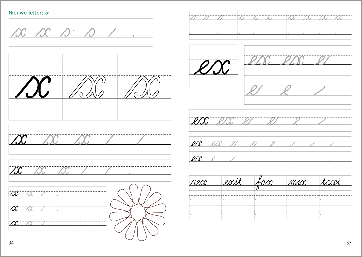 pagina 34 en 35 van het werkboekje Letters en verbindingen deel 3: nieuwe letter x en patronen met x