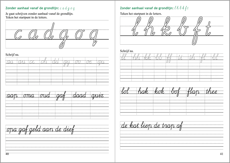 pagina 40 en 41 van het werkboekje Letters en verbindingen deel 3: schrijven zonder aanhaal vanaf de grondlijn
