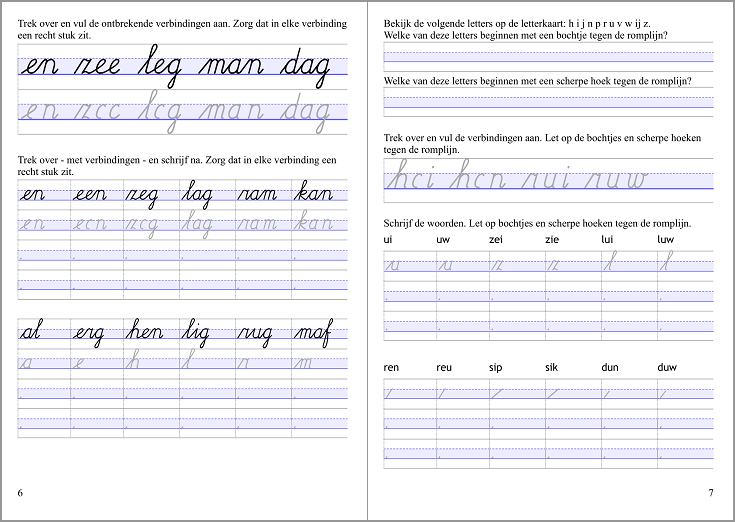 pagina 6 en 7 van het werkboekje Letters en verbindingen deel 3: rechte verbindingen