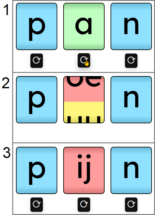 3 screenshots van een woordautomaat in verschillende stadia